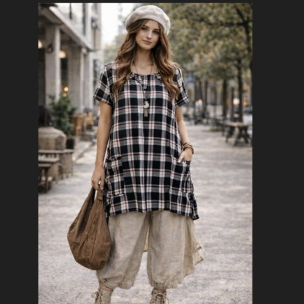ellos Black & White Plaid Short-Sleeve Tunic